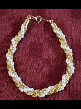 Gold-Tone Braided Faux  Pearl Accent Bracelet